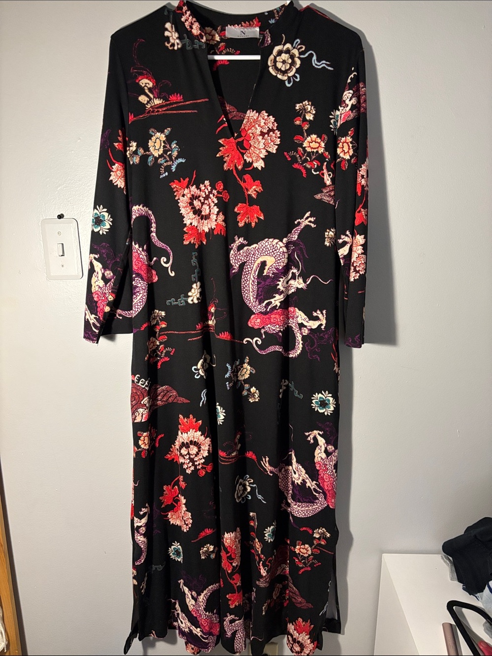 Natori Black Maxi Dress 3/4 sleeve with Red, Pink, Cream Floral & Dragon print